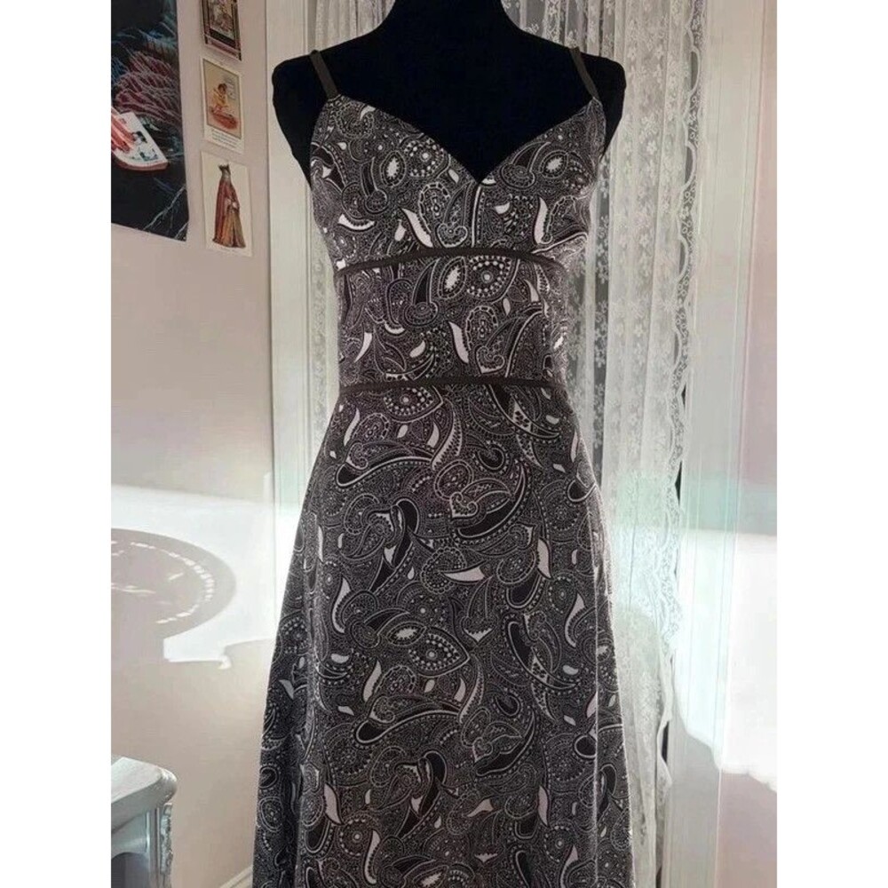 whimsical Brown & white paisley midi dress with spaghetti straps and a flowy sil